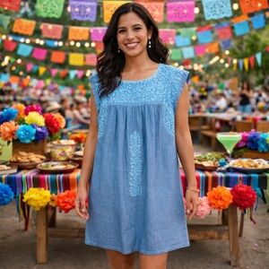 MI GOLODRINA FLORES SHIFT DRESS EMBROIDERED CHAMBRAY DENIM SIZE LARGE